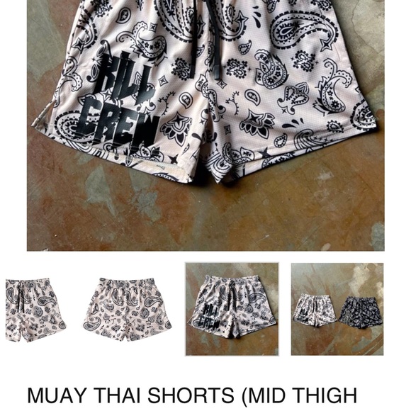 Kill Crew XS MUAY THAI SHORTS (MID THIGH CUT) BANDANA - CREAM / BLACK and BLUE - Picture 5 of 6